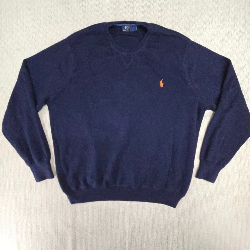 Polo Ralph Lauren Sweater Mens 2XL Blue Crew Neck Cotton Pullover Orange Pony